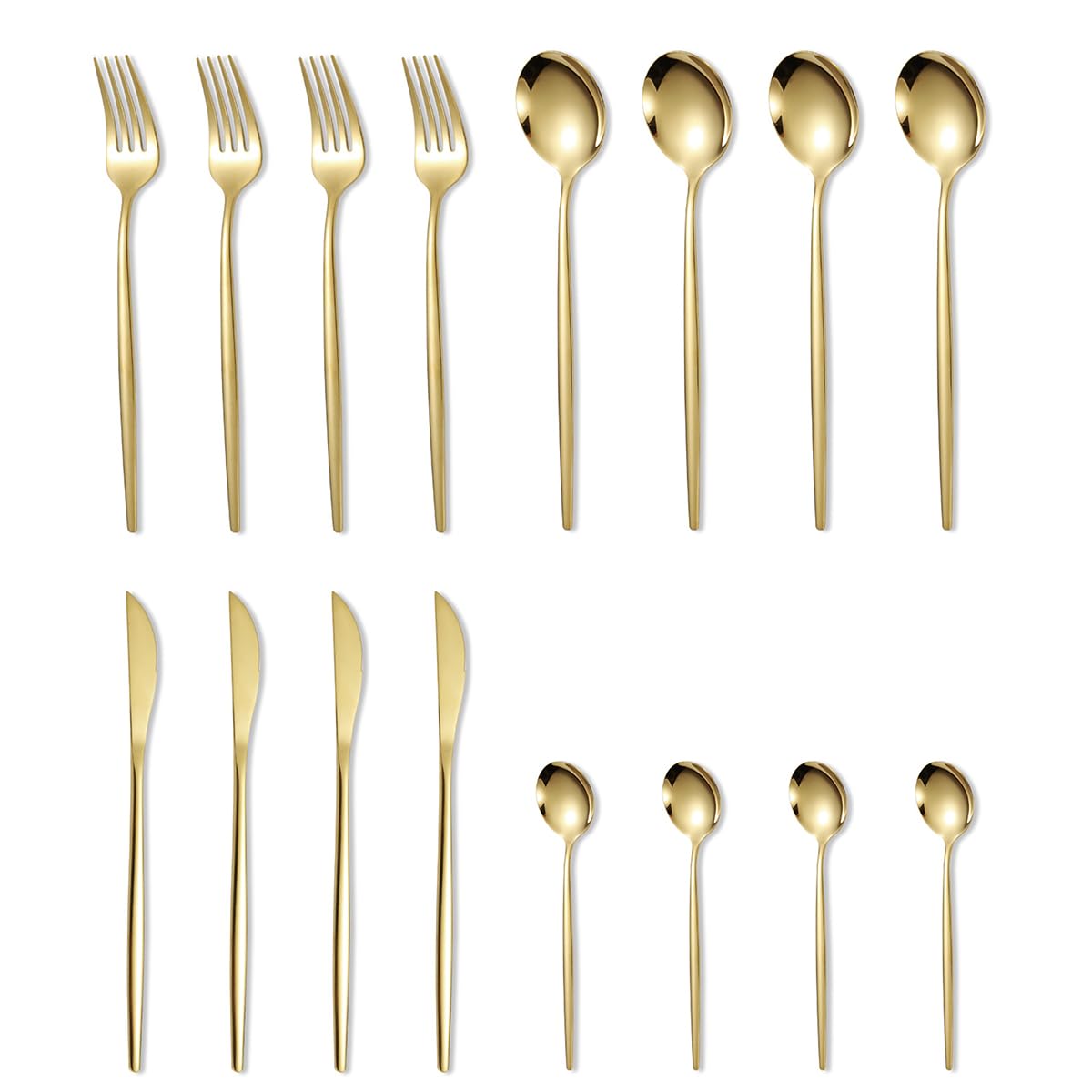 HASTHIP 16 Pcs Stainless Steel Flatware Set, Knives, Dinning Spoon and Fork, Food Grade Dinnerware Set For Home, Kitchen, Restaurant, Mirror Polished, Exquisite Long Handle Cutlery (Gold) HASTHIP 16 Pcs Stainless Steel Flatware Set, Knives, Dinning Spoon and Fork, Food Grade Dinnerware Set For Home, Kitchen, Restaurant, Mirror Polished, Exquisite Long Handle Cutlery (Gold)